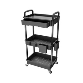 REBECAT 3 Tier Rolling Utility Cart with Drawer,REBECAT Utility Cart Made of Multifunctional Storage Organizer Tool for Kitchen,Bathroom,Living Room,Office(Black)