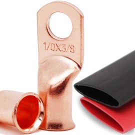 TKDMR 10pcs 1/0 AWG-3/8 Battery Lugs,Heavy Duty Wire Lugs,Ring Terminals,Battery Cable Ends,0 Guage terminals,Battery Terminal Connectors with 10pcs 3:1 Heat Shrink Tubing