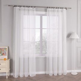 HongYa Pack of 1 Plain Curtain Transparent Voile Curtain with Ruffle Tape H/W 145/145 cm White