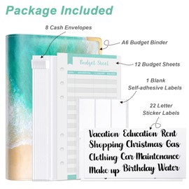Rnivvi Budget Binder, A6 Binder Money Organizer for Cash, Budget Binder with Zipper Envelopes System, Money Saving Binder Cash Stuffing Envelopes for Budgeting, Cute Budget Wallet for Women Men, Beach