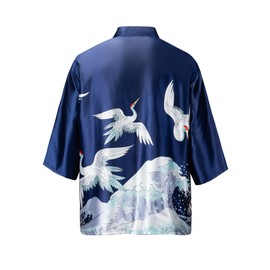 VOGMATE Men's Kimono Robe Silky Lightweight Jackets Japanese Cardigan Shirts Top Open Front Seven Sleeve Coat Red-crowned Crane Navy XL