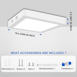 LED Flush Mount Ceiling Light, 6.46 Inch 12W 6500K Hardwire Light Fixture, 120W Equivalent 1.26In Thin Square White Lamp for Kitchen Porch Bedroom Hallway Stairwell Basement, Non-dimmable 1 Pack