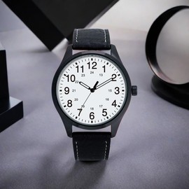 NUOVO Mens White Big Dial Arabic Numerals Black Belt Mens Watch, White (white-2), Modern