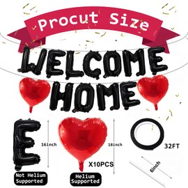 16 Inches Black 'WELCOME HOME' Letter Mylar Balloons Banner with Two 18-Inch Red Heart Foil Balloons for House Warming Decorations, Homecoming Celebrations, Family Gatherings, and Welcome Home Parties