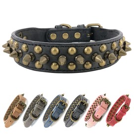 Spiked Studded Dog Collar-Bronze Round Stud Anti-Bite Collar (Black,L)