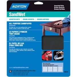 Norton 48110 Sand Wet Sandpaper Assorted Grit, 9-Inch x 11-Inch, 5-Pack