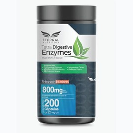 TETRA DIGESTIVE ENZYMES 200 capsulas (800 mg por porcion) 9 tipos de Enzimas Digestivas + Probioticos con Fibra Digestiva y Citrato de Magnesio, by Eternal Nutrition - Ingredientes Naturales Premium