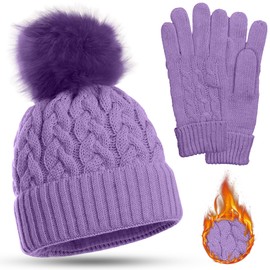 HiFEN® Women Insulated Fur Lined Layered Hats and Gloves Set For Cold Weather Make You Warm In Winter (Lilac)