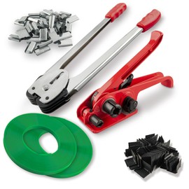 Auxdee Pallet Packaging Banding Strapping Kit with Heavy Duty Strapping Tensioner Tool, Banding Sealer Tool, 5/8" x 200' Polyester Strapping Roll, 100 Metal Seals, 100 Plastic Packaging Corner(Red)