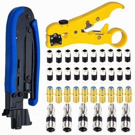 Gaobige Coax Cable Crimper Kit, Coaxial Compression Tool Adjustable RG6 RG59 RG11 75-5 75-7 Coaxial Cable Stripper with 20PCS RG6 Connectors, 10PCS Female to Female Connectors, 6PCS RG11 Connector