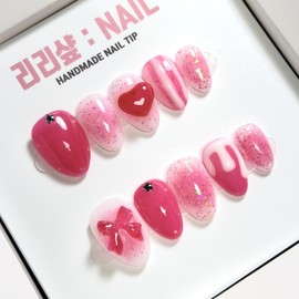 Molang Molang Strawberry Syrup Homemade Nail Tips - Short Ballerina / 몰랑 몰랑 딸기시럽 수제네일팁 - 숏발레리나