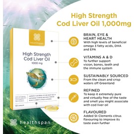 Healthspan Cod Liver Oil 1,000mg (120 Capsules) | Rich in Omega 3 Fatty Acids DHA & EPA | Brain, Eyes & Heart Health | Vitamin A & D3 | Vision, Bones, Teeth & Immune | Sustainably Sourced