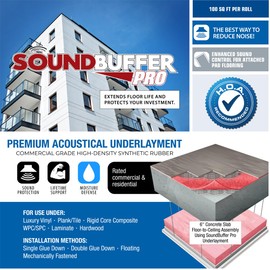 SoundBuffer Pro Luxury Vinyl, Laminate, or Wood Flooring Underlayment (Floating, Glue Down, or Nail Down) - Sound Reduction, Compression Resistant 3'Wx33'4" L Roll (Covers 100 sq. ft) SOUNDBUFFERPRO