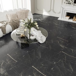 VEELIKE 24 Pack Peel and Stick Floor Tile Black Marble Floor Tiles Peel and Stick Waterproof Black Vinyl Flooring Tiles 12''x12'' Renter Friendly Self Adhesive Floor Tile Stickers for Bathroom Kitchen