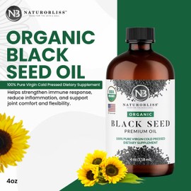 NaturoBliss Organic Black Seed Oil 100% Virgin Cold Pressed Omega 3 6 9 Super Antioxidant for Immune Support, Joints, Mobility, Digestion, Hair Skin Vegan, Gluten-Free, Non-GMO USDA Certified 4oz