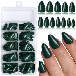 LoveOurHome 240pc Almond Press on Nails Short Fake Nails Green Glue on Nails Short Almond Nails Press ons Acrylic Nail Full Cover Artificial Fingernail XS Stiletto False Nail with Adhesive Tabs