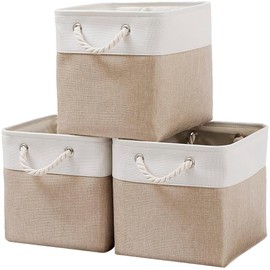 Fabric Cube Storage Boxes, 28cm Collapsible Baskets, for Room Wardrobe Cupboard Shelves Organiser Unit Box, for Storage Gift Towel Clothes, Small Toy Organizer Decorative Basket ( Beige White )