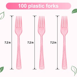 100 Pcs Pink Glitter Plastic Forks, Disposable Heavy Duty Pink Cutlery Forks 7.3 Inch, Plastic Silverware Utensils for Party Birthday Wedding Baby Shower Halloween Thanksgiving Daily Use
