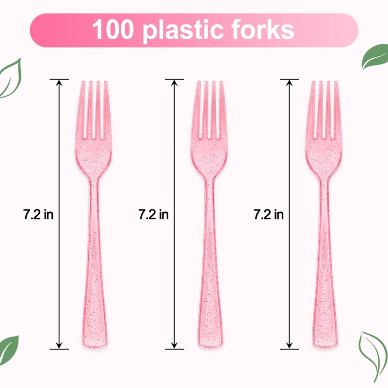 100 Pcs Pink Glitter Plastic Forks, Disposable Heavy Duty Pink