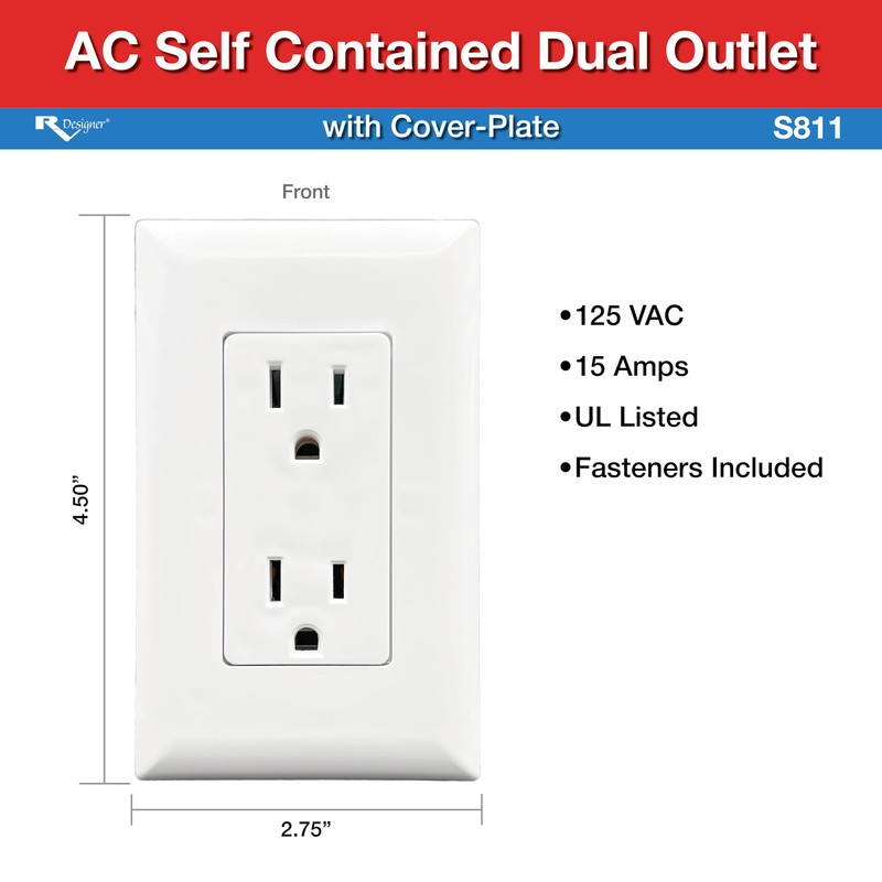 RV Designer AC Self-Contained Dual Outlet with Cover Plate S811