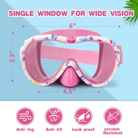 Kids Swim Goggles, Anti-Leak Snork Mask with Nose Cover & Elastic Fabric Strap, UV Protection Swimming Goggles for Kids Boys Girls (Pink-Unicorn 1)