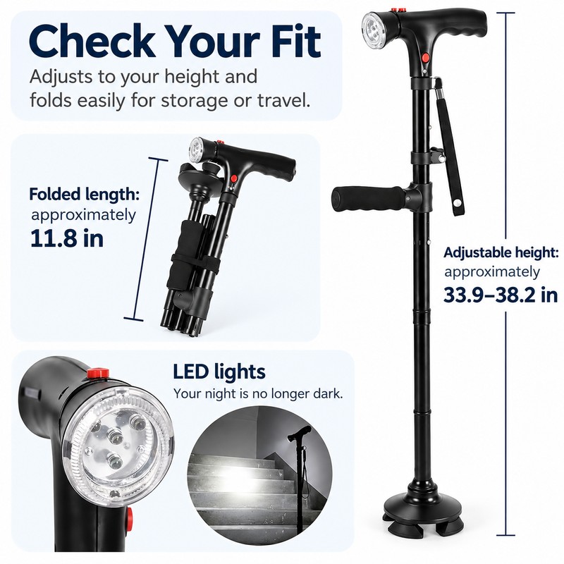Folding Walking Cane with LED Light & Alarm – Adjustable