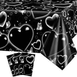 PHOGARY Black Heart Early 2000s Table Cloth, Plastic Tablecloths Valentine's Day Birthday Party Table Cover for Kids, Old School Tablecovers Rectangle Cholo Party Decorations, 3 Pack 51" x 87"