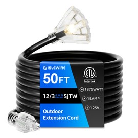 islewire 50 FT Outdoor Extension Cord with Multiple Outlets, 12 Gauge Heavy Duty Black Extension Cord Waterproof with 3 Outlet, 3 Prong Power Cord for Garden and Home Use Indicator Light, ETL Listed