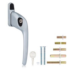 XFORT Cranked Locking Window Handle Installation Kit in Satin Chrome, Right Hand UPVC Window Handle Replacement, Offset Lockable Window Lever