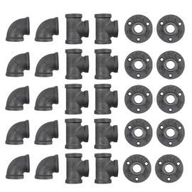 Niubid 30 Pack 1/2 Inch Cast Iron Pipe Fittings (10 Elbows, 10 Tees, 10 Flange), DIY Steampunk Industrial Vintage Style.