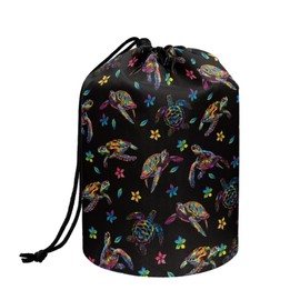 Poceacles Boho Turtle Floral Print Women Barrel Drawstring Makeup Bag Large Cosmetic Bag Make up Bags Toiletry Organizer for Women Girls Multifunctional Bucket Toiletry Bag