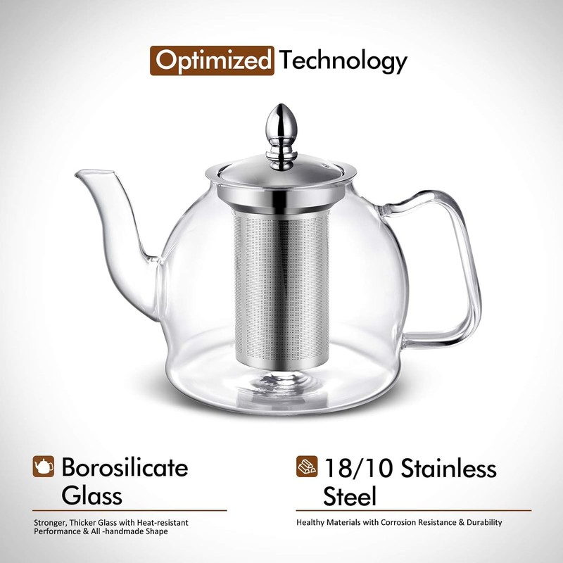 HIWARE 1500ml Glass Teapot with Removable Infuser, Stovetop Safe Tea