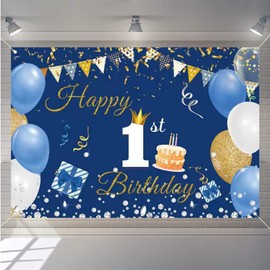 1st Birthday Decorations Happy 1st Birthday Backdrop Banner for Boys/Girls Happy 1 Year Old Fabric Sign Poster, Blue Photography Background First Birthday Party Supplies, 150x90cm