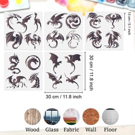 DOODLREAM 5 Pack Dragon Craft Stencil Templates 30 x 30cm Reusable Dragon Art Stencils for Painting on Wood Wall Fabric Furniture, Dragon DIY Home Decor Stencil