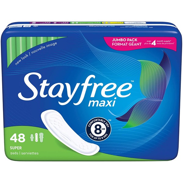 Stayfree Maxi Super Long Pads For Women, Wingless, Reliable Protection and Absorbency of Feminine Periods, 48 Count (Pack of 1)