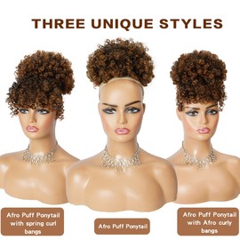 Cetiq Afro Puff Ponytail Extensions with 2 Replaceable Bangs Drawstring Ponytail for Black Women Short Kinky Curly Ponytail Bun Pineapple Updo Hair, 3 Piece Set (T30)