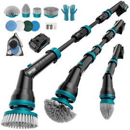 20V Electric Scrubber for Cleaning Floors, Walls - 2 Replaceable Battery Design for Outdoor Garden and Patio Cleaning Stubborn Stains, Telescopic Handle,8 Replaceable Brush Heads