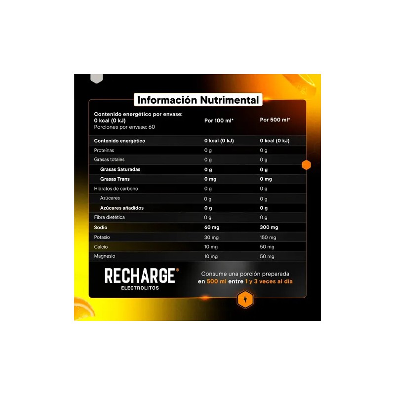 Recharge Electrolitos En Polvo 60 Porciones Sabor Naranja
