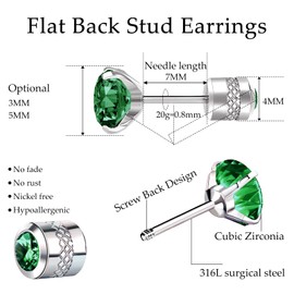 2 Pairs Flat Back Earrings for Women, Nap Earrings as Emerald Green Stud Earrings for Women, Flat Back Stud Earrings for Sensitive Ears Hypoallergenic as Christmas Gifts (3+5mm, Emerald)