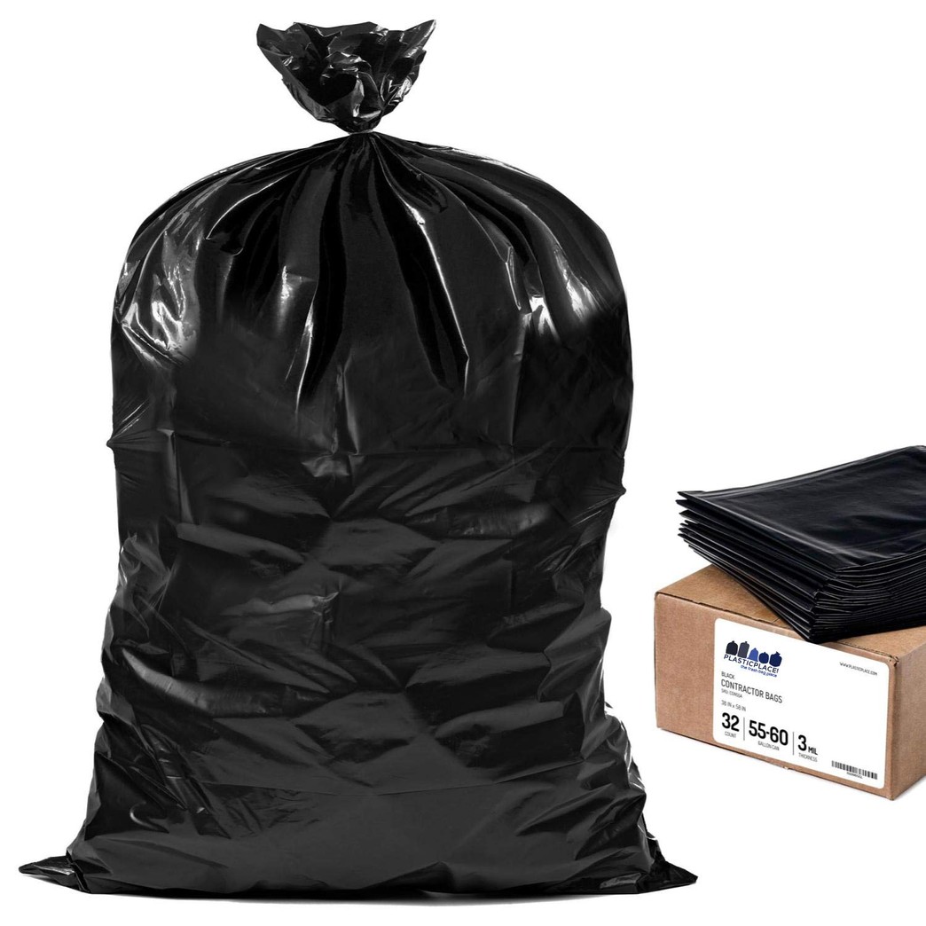 Plasticplace 55-60 Gallon Contractor Trash Bags│3.0 Mil │Black Heavy Duty Garbage Bag │38” X 58” (32 Count)