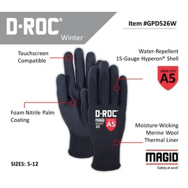 MAGID D-ROC Merino Wool Lined ANSI A5 Winter Work Gloves, 1 Pair, Foam Nitrile Palm, Size 7/Small, GPD526W