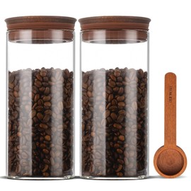 BOILMERIT 50 oz Coffee Canister with Scoop and Wooden Lids, Airtight Glass Coffee Jars Set of 2 for Ground Coffee, Coffee Beans Storage Container with Lids for Kitchen Brown Sugar, Coffee Bar