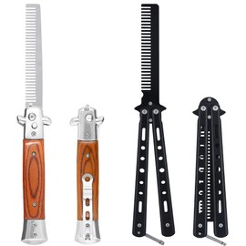 2 Pieces Automatic Switch Folding Practice Combs, Stainless Steel Butterfly Comb, Switchblade Comb, Outdoor Training Pocket Combs, Hair Brush for Beard, Mustache, Hair Styling Tools