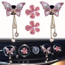 4 Pcs Pink Bling Butterfly and Daisy Car Air Fresheners Vent Clips Diffuser Vent Clip Rhinestone Diamond Decoration Car Interior Decor Cute Accessories for Women, Automotive Air Fresheners