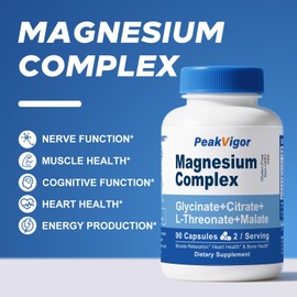 PeakVigor Magnesium Complex 90 Capsules | High Absorption | 5-in-1 Formula | 45 Days Servings | Third Party Tested | Dietary Supplement