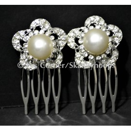 Unbranded 2PC IVORY PUFFY PEARL FLOWER MINI COMB BRIDAL FORMAL FLOWER GIRL