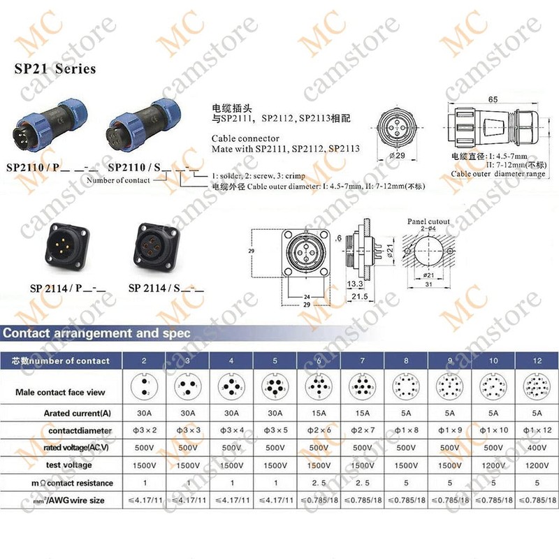 SP21 IP67 2PIN Waterproof Connector, 30A 500V Solder Plug Socket