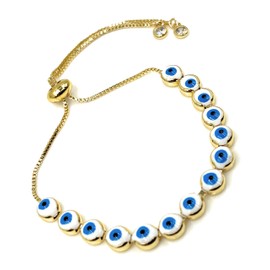 LESLIE BOULES White and Blue Evil Eye Bracelet for Women - Handcrafted with Adjustable Gold Chain for Protection and Style (White)