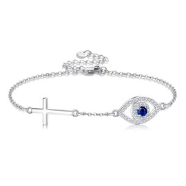 DAYLINLOVE Evil Eye Bracelet 925 Sterling Silver Cross Bracelet Blue Evil Eyes Link Bracelet for Women