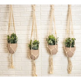 Ebros Gift Set of 4 Decorative Cotton Frill Macrame Hanger with Clay Pots Hand Made Wall Decor for Small Succulents Plants Home Patio Decor Accent